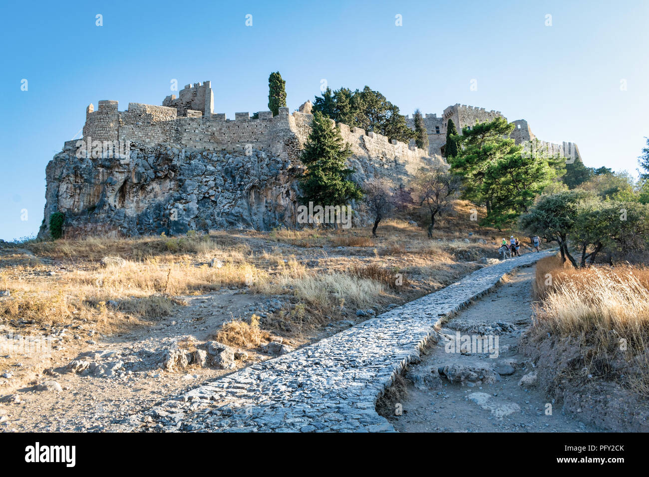 Questa è la vecchia strada di pietra che le curve che fino all'acropoli di Lindos sul isola greca di Rodi. Asini di assumere persone al Castello Foto Stock
