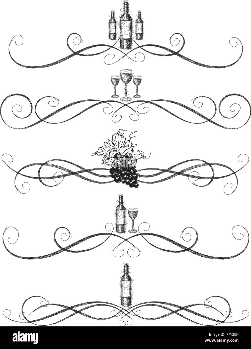 Sketchy vino scrollwork. Sketchy, disegnato a mano la bottiglia di vino, bicchieri da vino e uva con vite decorativo scorre Illustrazione Vettoriale