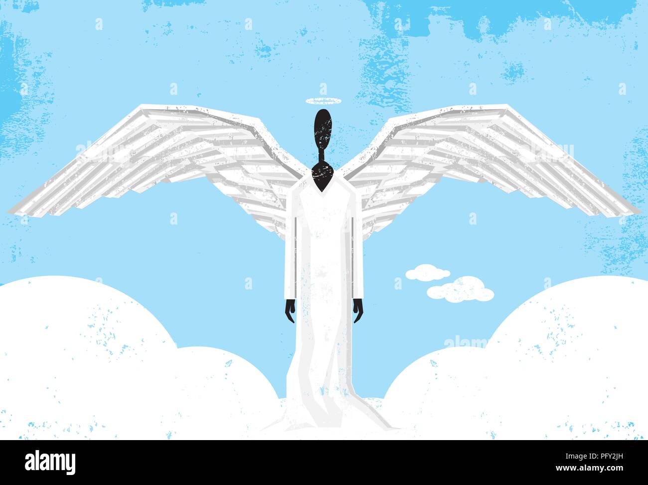 Angelo da solista. Un angelo e nuvole sopra uno sfondo a trama. Illustrazione Vettoriale