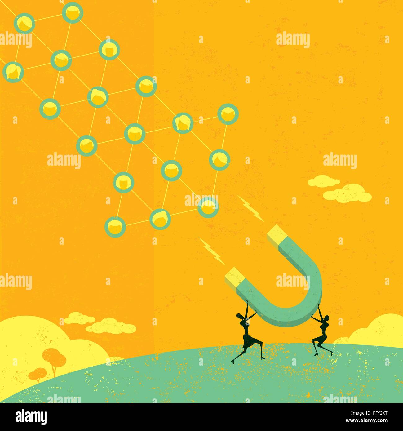 Attrarre le reti sociali. La gente di affari usare un grande magnete per attrarre una grande rete sociale. Illustrazione Vettoriale