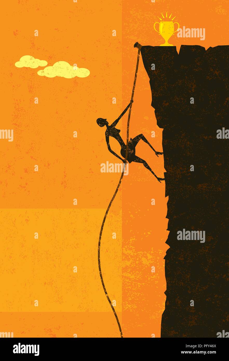 La scalata verso la vittoria. Una imprenditrice salendo una corda fino al lato di una scogliera di circa per raggiungere la cima. Illustrazione Vettoriale