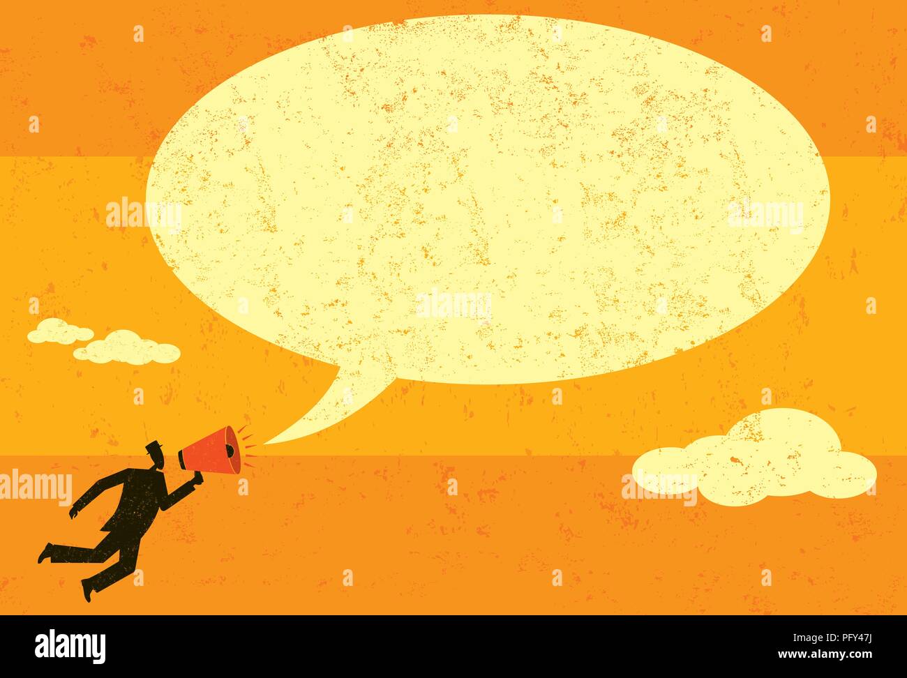 Comunicazione con un megafono. Un imprenditore annunciando un messaggio in un discorso bolla utilizzando un megafono. Illustrazione Vettoriale