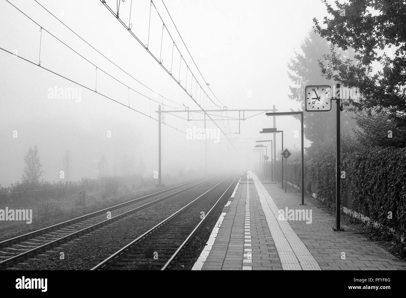 Si tratta di un nebbioso ottobre mattina presso la piccola stazione ferroviaria olandese di Almelo de Riet. È situato vicino a Almelo nella parte orientale dei Paesi Bassi. Foto Stock
