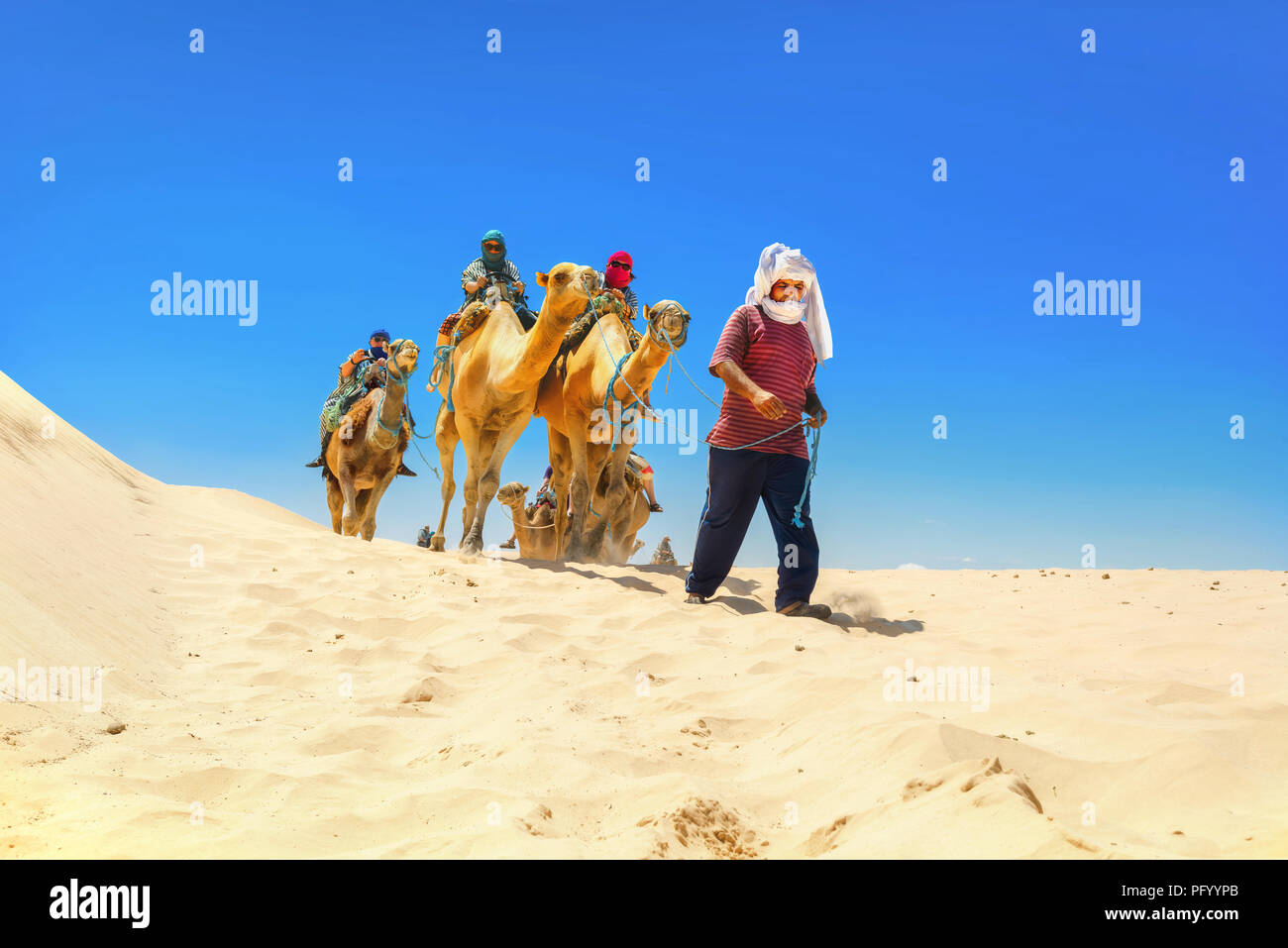 Gruppo di turisti a cavallo di cammelli. Safari Tourism. Deserto del Sahara, Tunisia, Nord Africa Foto Stock