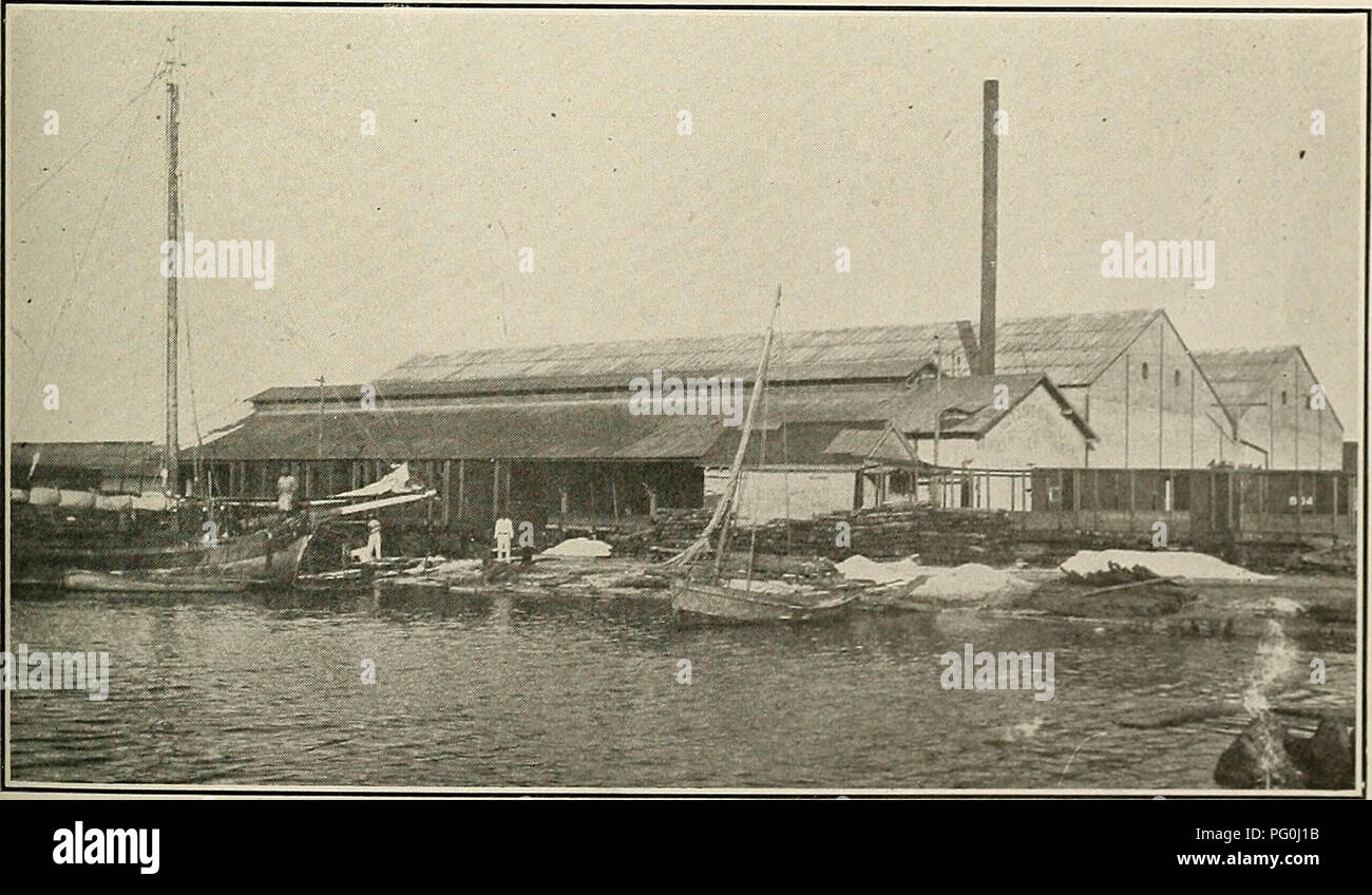 Questa immagine mostra il porto di Caibarien a Cuba, evidenziando i magazzini e l'attività di spedizione nella zona. L'immagine è stata estratta da una pagina acquisita e migliorata digitalmente per la leggibilità, con lievi variazioni rispetto all'opera originale. È presente anche la Munson Steamship Line. Foto Stock