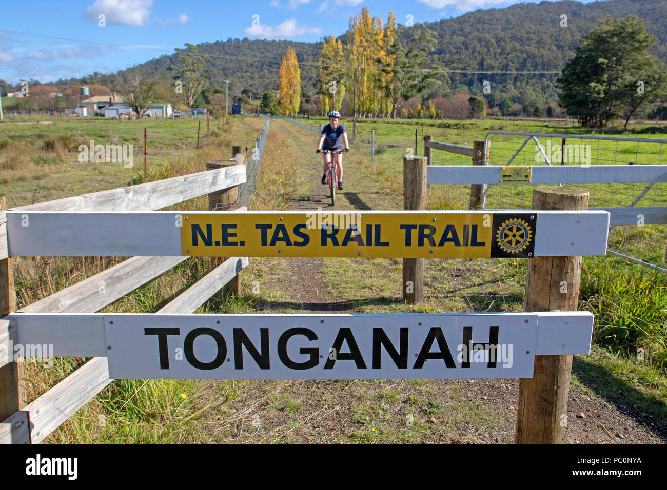 Ragazza in bicicletta sul Nord Est Rail Trail, che segue una vecchia linea ferroviaria est da Scottsdale Foto Stock