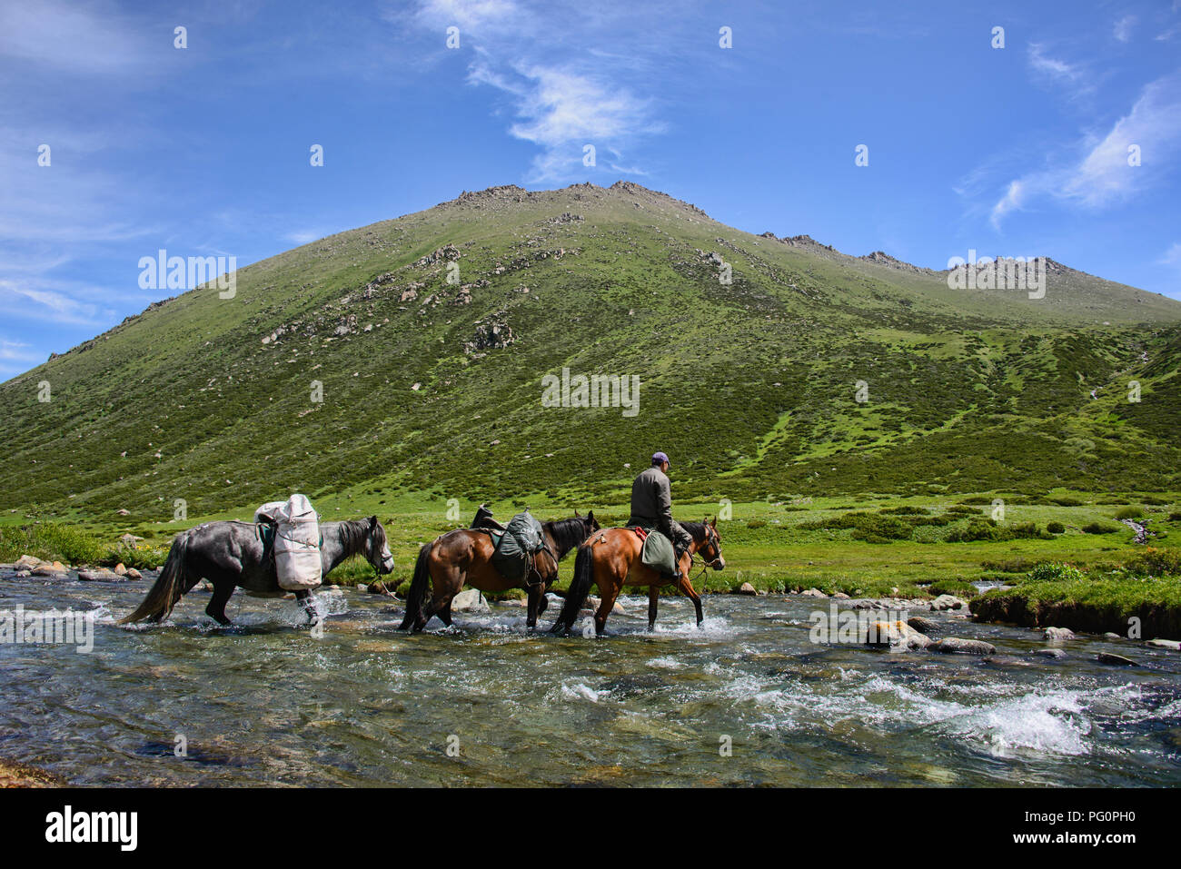 Attraversando il fiume Tup, Jyrgalan Valley, Kirghizistan Foto Stock