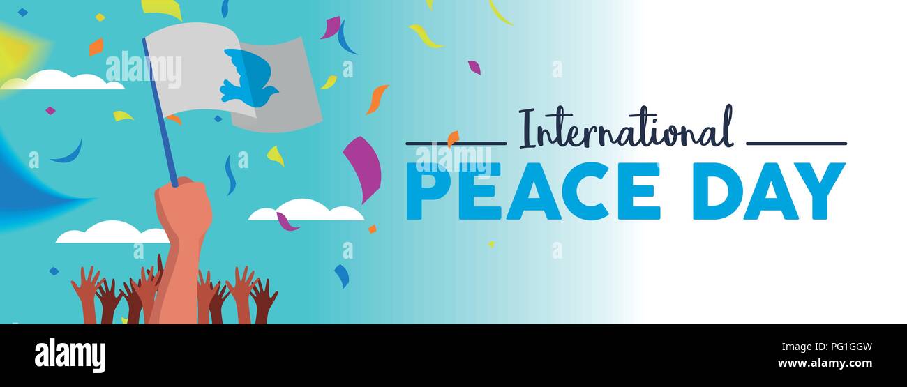 La pace internazionale giorno social media banner web, mondo libertà festa per tutti. Diverse persone le mani con la colomba bianca bandiera nella manifestazione pacifista p Illustrazione Vettoriale