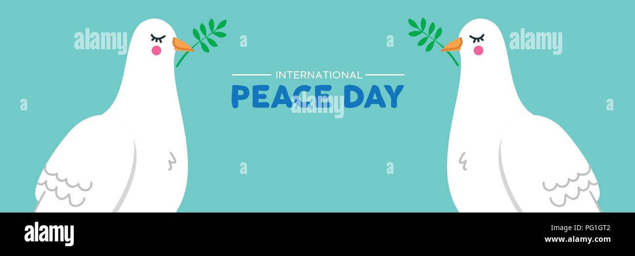 La pace internazionale giorno social media banner web illustrazione di due colomba bianca degli uccelli con olive branch. La nonviolenza celebrazione mondiale simbolo di piccione in Illustrazione Vettoriale