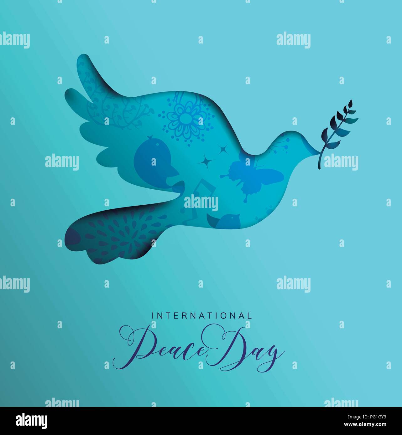 La pace internazionale Day holiday illustrazione. Carta tagliata colomba bird forma di esclusione di silhouette con la natura doodle decorazione. EPS10 vettore. Illustrazione Vettoriale