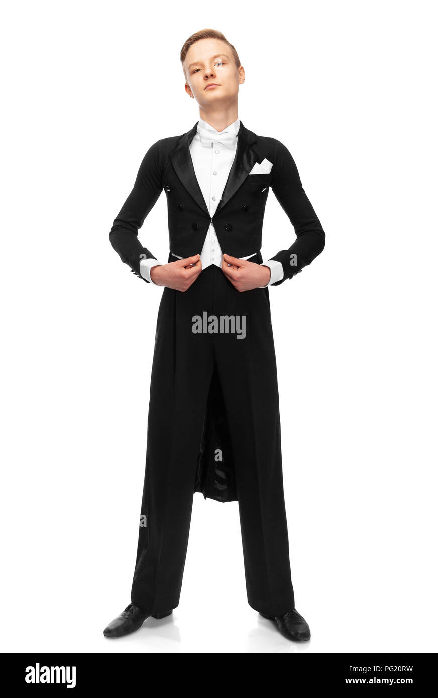 La sala da ballo ballerina vestito in un tailcoat su sfondo bianco Foto Stock
