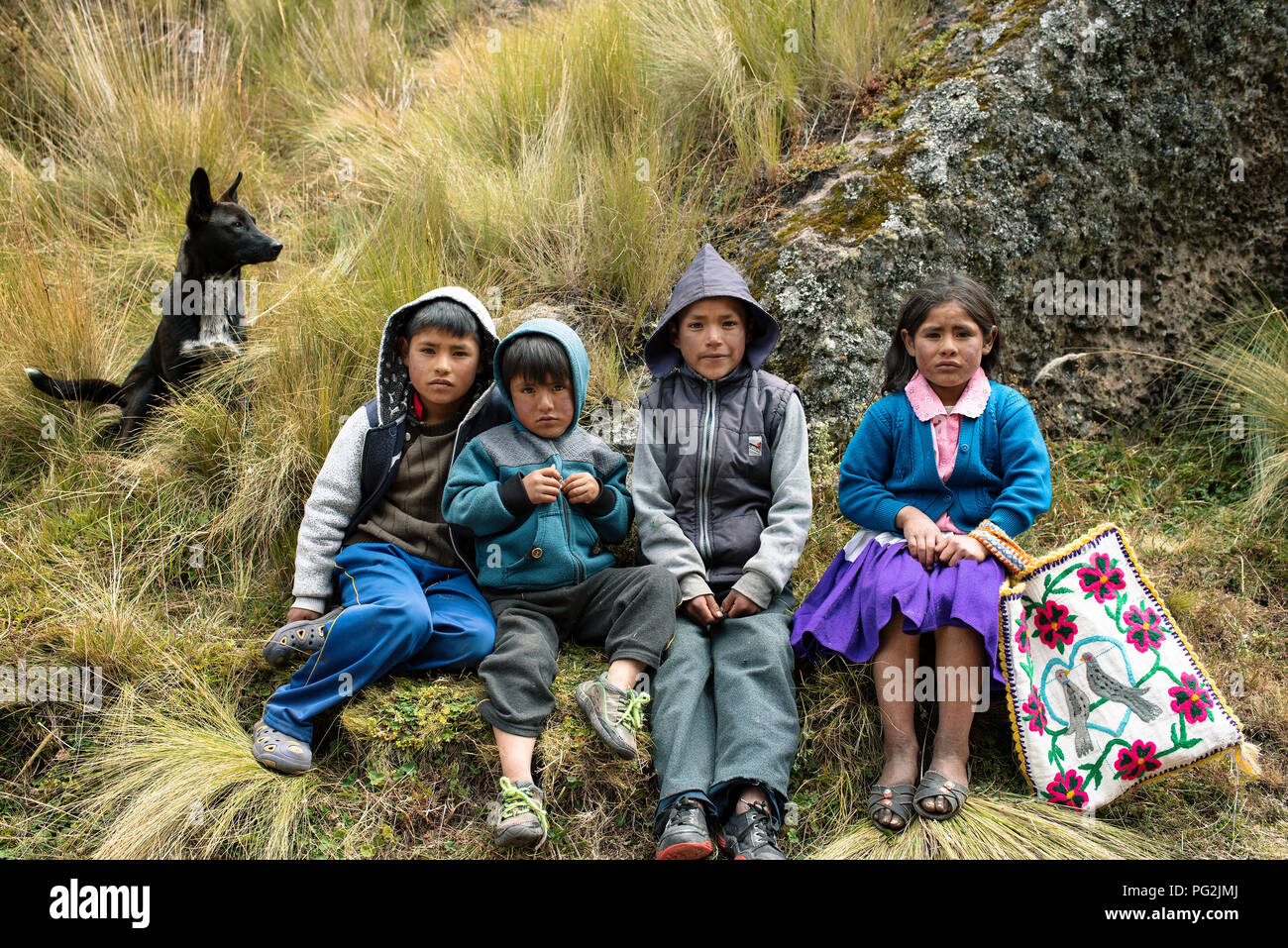 Ritratto di gruppo di bambini nativi che risiedono circa Cumbe Mayo sito archeologico. Cajamarca, Perù. Lug 2018 Foto Stock