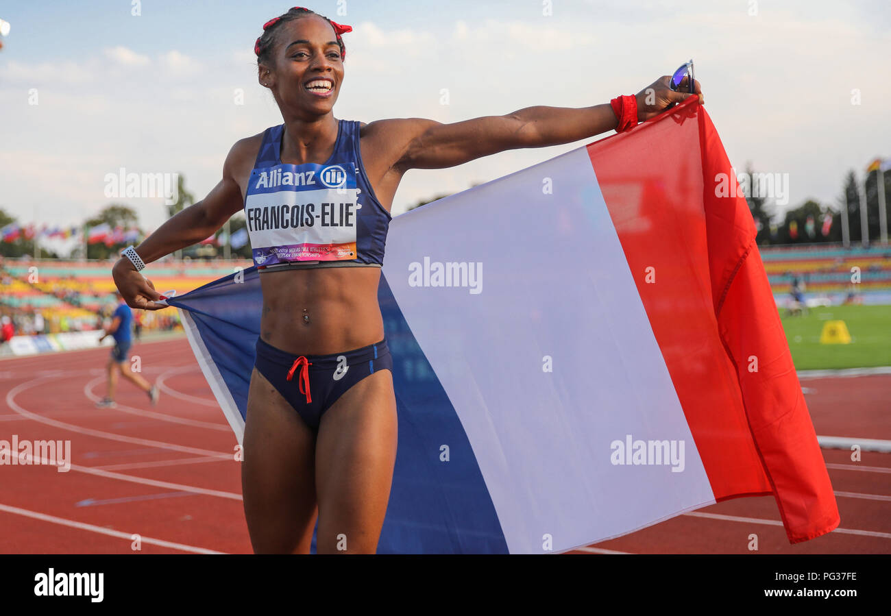 Berlino, Germania. 23 Ago, 2018. Lo sport per disabili, Campionati Europei di atleti in Jahn-Sportpark, 1500 metri, uomini, T38: Mandy Francois-Elie dalla Francia vince la 100 metri di gara e saluti al traguardo. Credito: Jens Büttner/dpa-Zentralbild/dpa/Alamy Live News Foto Stock