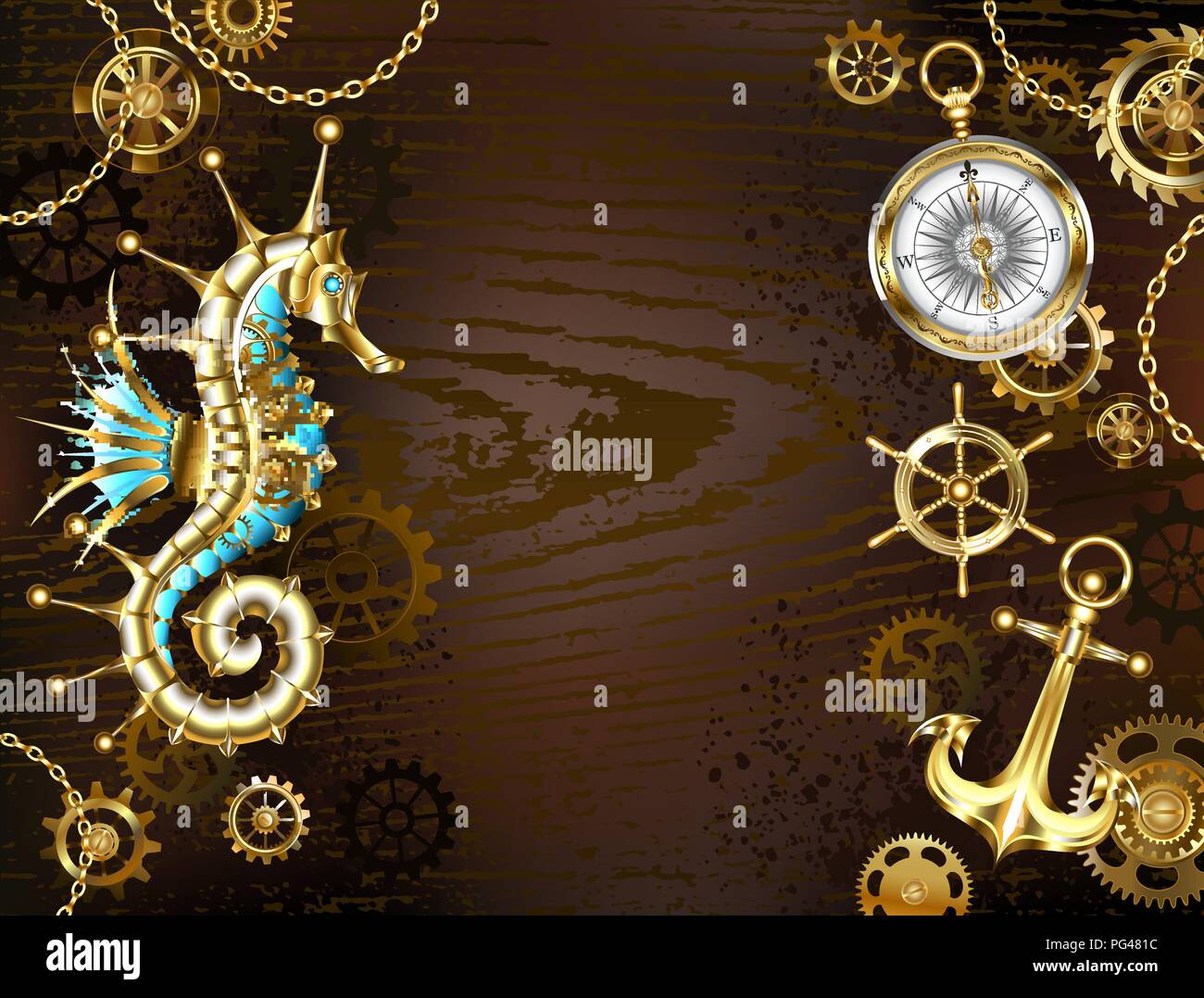 In legno marrone con lo sfondo del mare, cresta meccanica, un antico volante, golden ancoraggio e vari oro e gli ingranaggi in ottone. Steampunk stile. Illustrazione Vettoriale