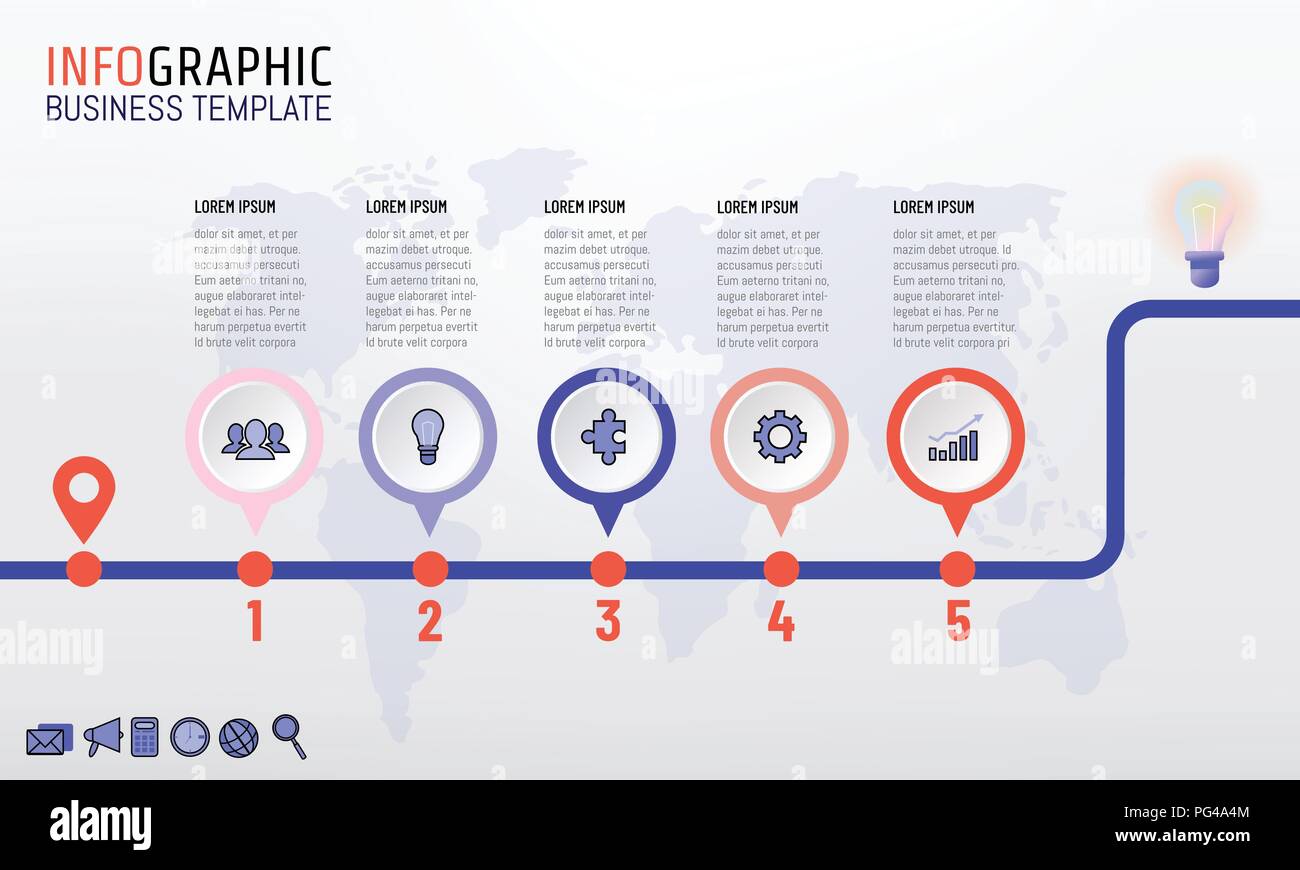 Timeline infographics progettazione del modello con 5 passi iniziano a punto finale, flusso di lavoro o diagramma di processo, del diagramma di flusso, illustrazione vettoriale Illustrazione Vettoriale