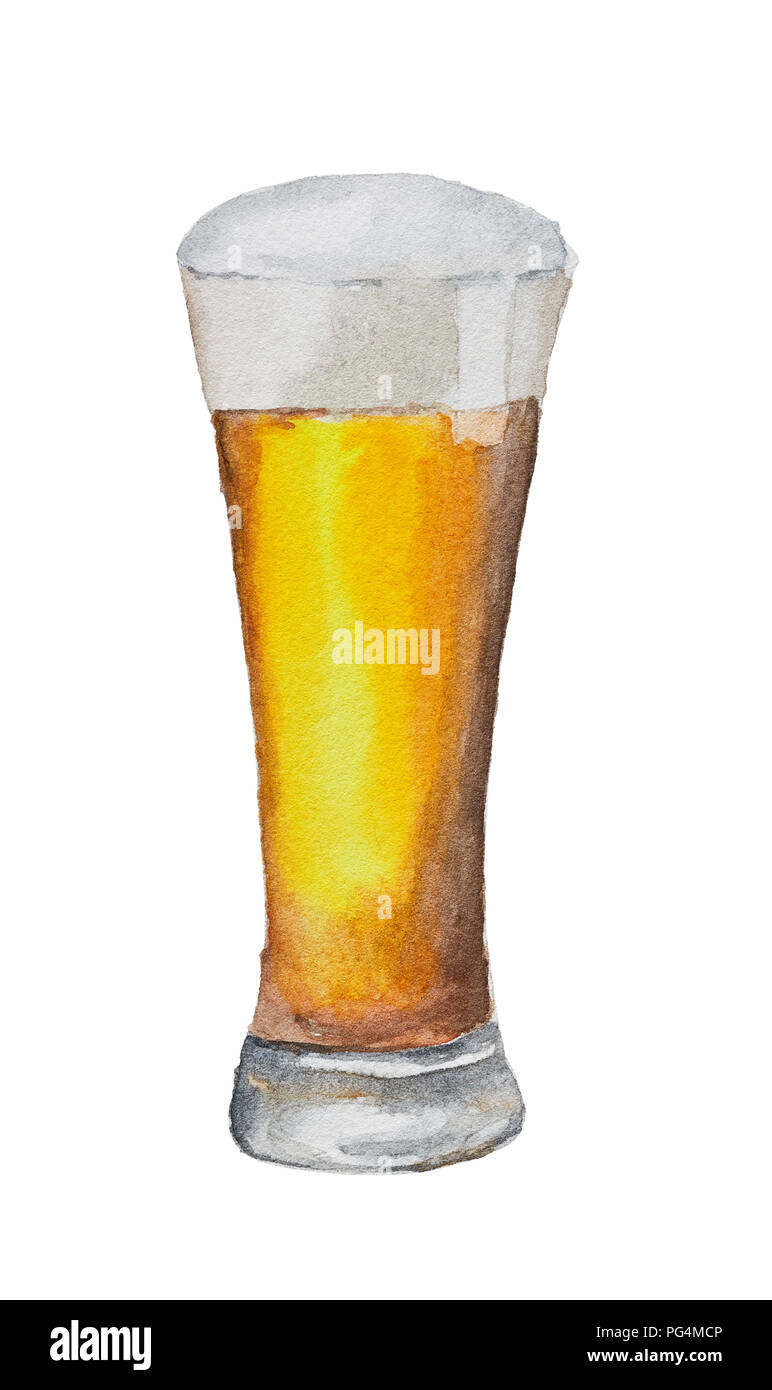 Disegnata a mano bicchiere pieno di birra isolato su sfondo bianco, illustrazione ad acquerello Foto Stock