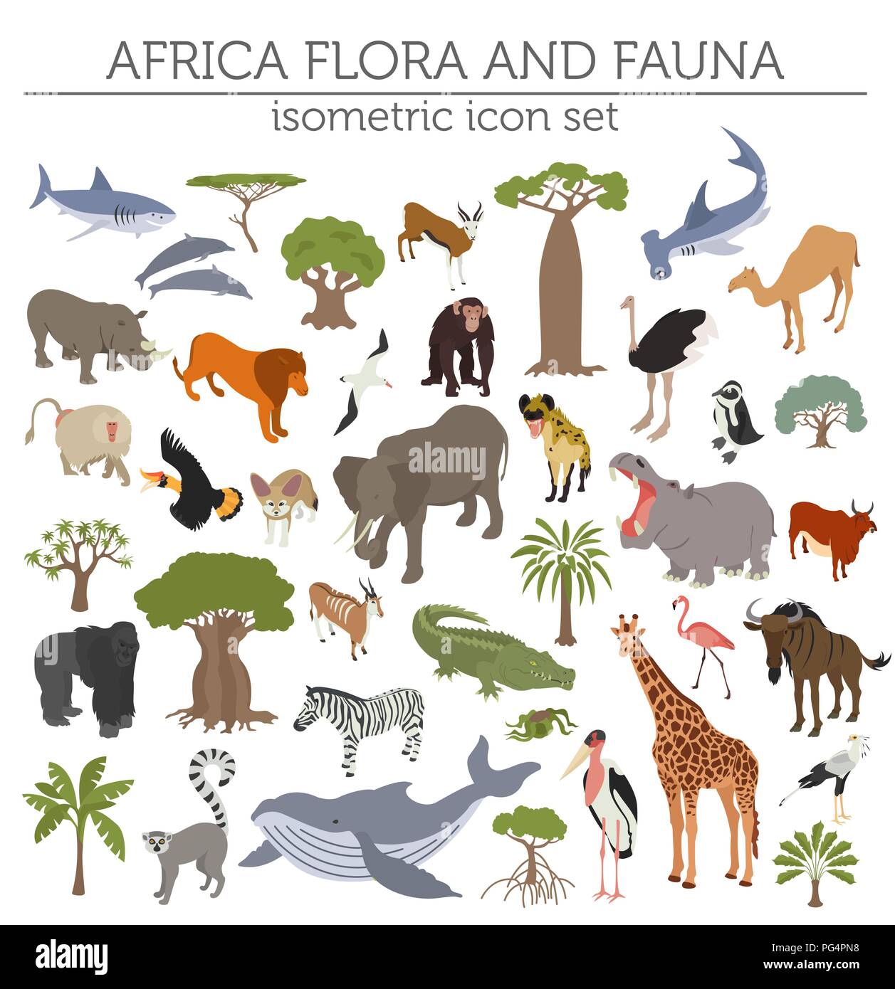 Appartamento 3D isometrica Africa flora e fauna mappa elementi costruttore. Animali, uccelli e Sea life isolato su bianco grande set. Costruire la propria geografia inf Illustrazione Vettoriale