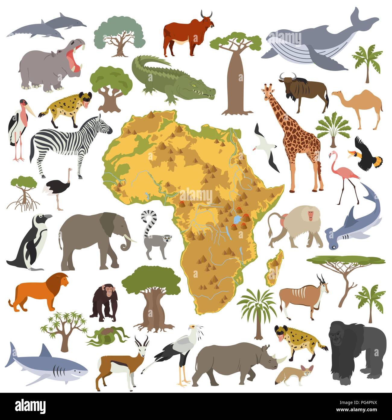 Africa piatto flora e fauna mappa elementi costruttore. Animali, uccelli e Sea life isolato su bianco grande set. Costruire la propria geografia infographics col Illustrazione Vettoriale