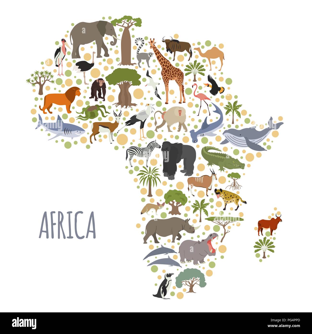 Africa piatto flora e fauna mappa elementi costruttore. Animali, uccelli e Sea life isolato su bianco grande set. Costruire la propria geografia infographics col Illustrazione Vettoriale