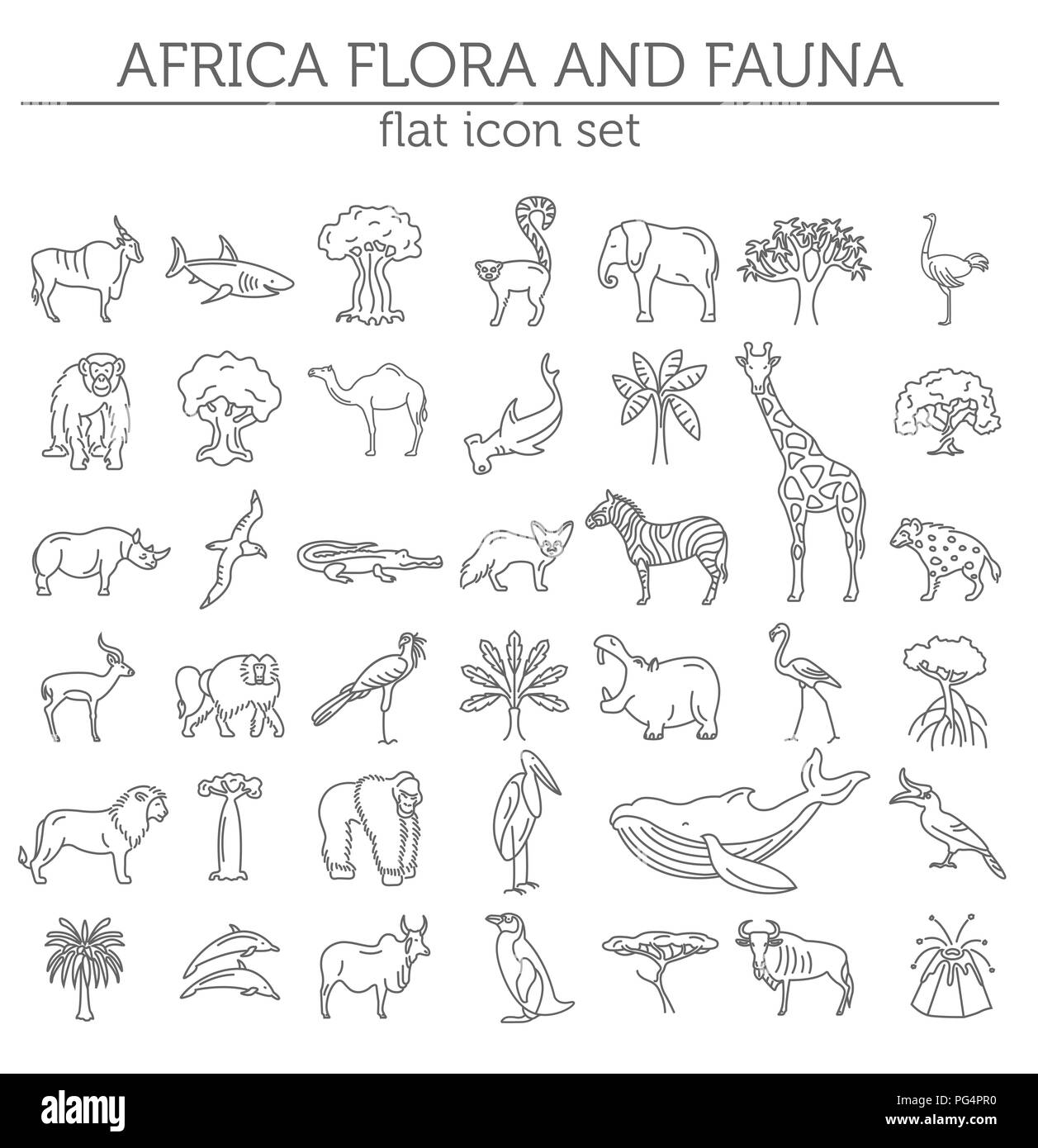 Appartamento africana di elementi di flora e fauna. Animali, uccelli e Sea life linea semplice icona set. Illustrazione Vettoriale Illustrazione Vettoriale
