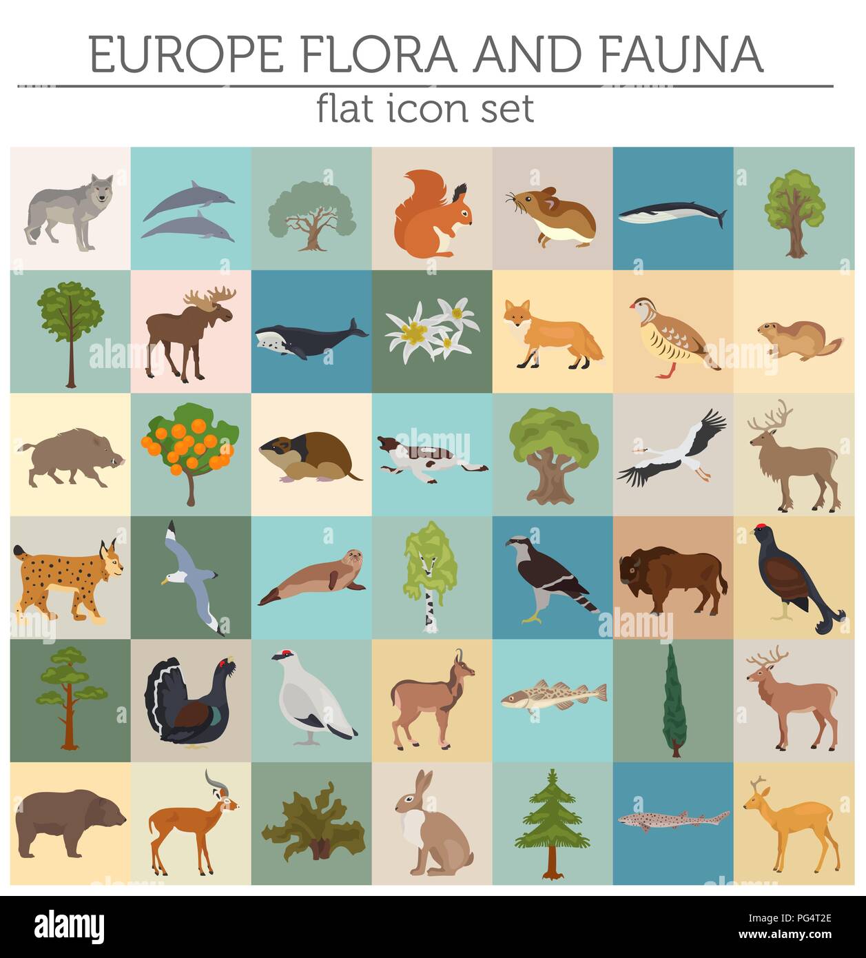 Europeo piatto flora e fauna mappa elementi costruttore. Animali, uccelli e Sea life isolato su bianco grande set. Costruire la propria geografia infographics c Illustrazione Vettoriale