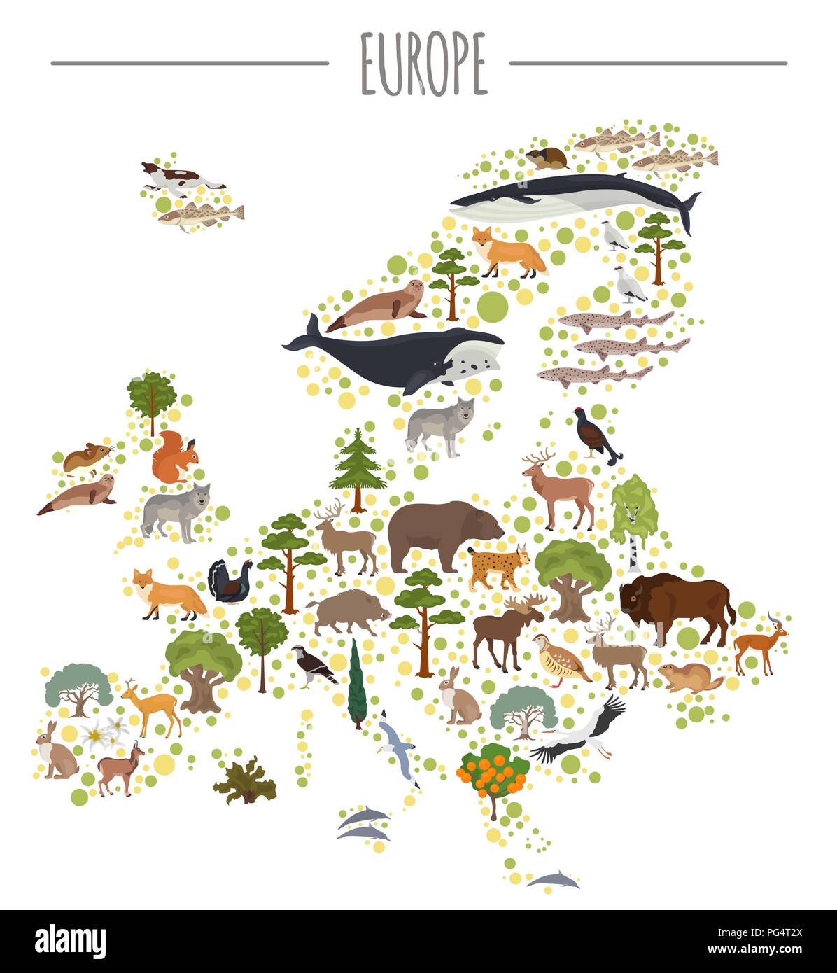 Europeo piatto flora e fauna mappa elementi costruttore. Animali, uccelli e Sea life isolato su bianco grande set. Costruire la propria geografia infographics c Illustrazione Vettoriale