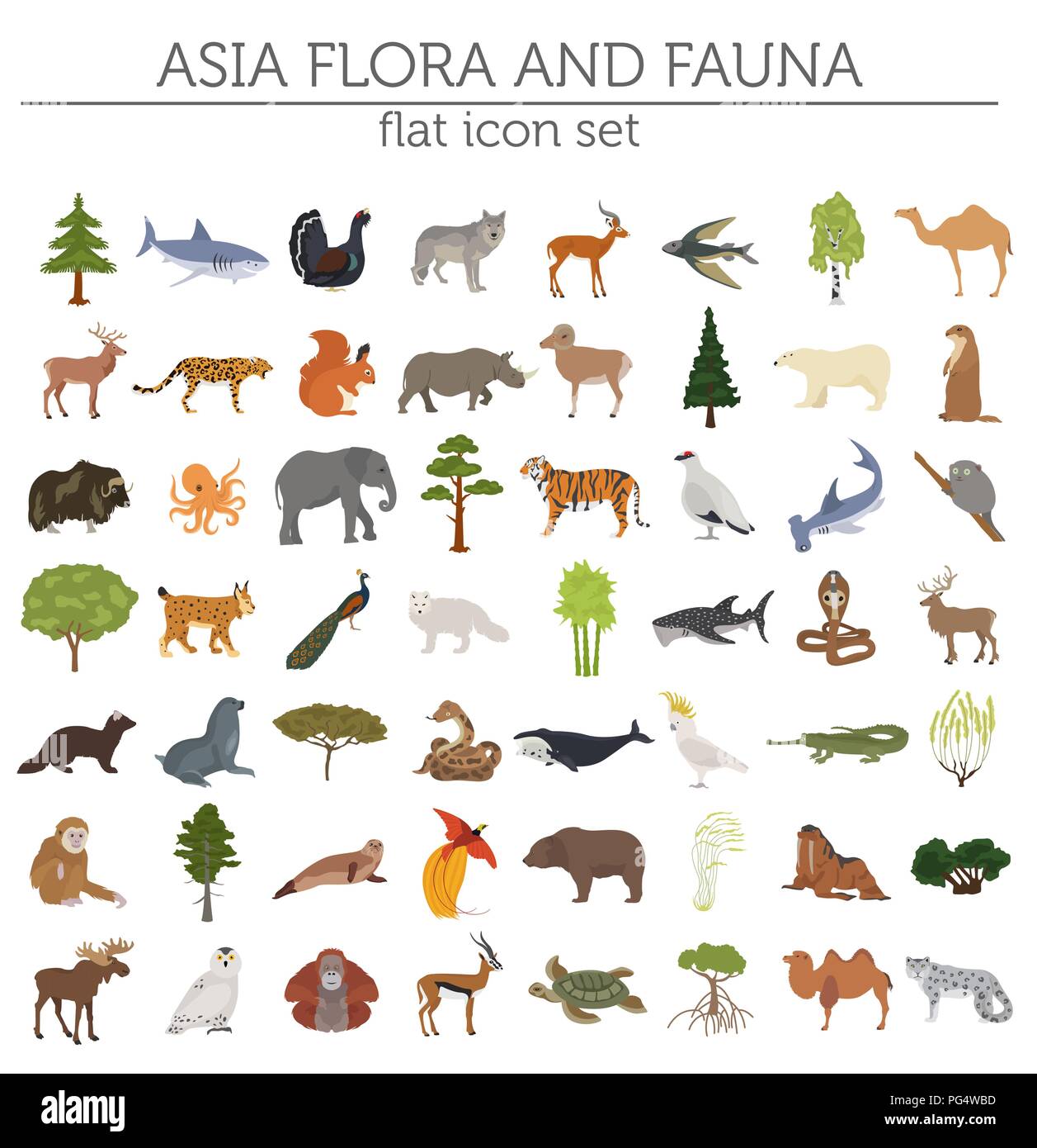 Appartamento Asian flora e fauna mappa elementi costruttore. Animali, uccelli e Sea life isolato su bianco grande set. Costruire la propria geografia infographics coll Illustrazione Vettoriale
