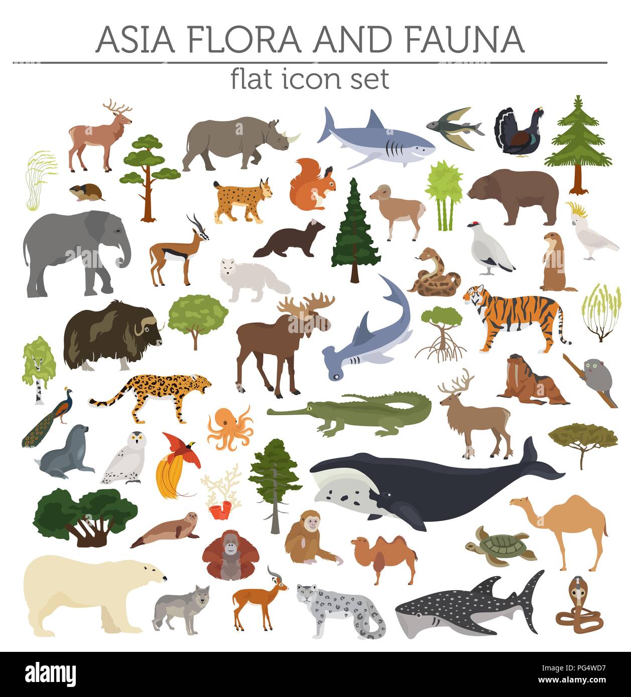 Appartamento Asian flora e fauna mappa elementi costruttore. Animali, uccelli e Sea life isolato su bianco grande set. Costruire la propria geografia infographics coll Illustrazione Vettoriale