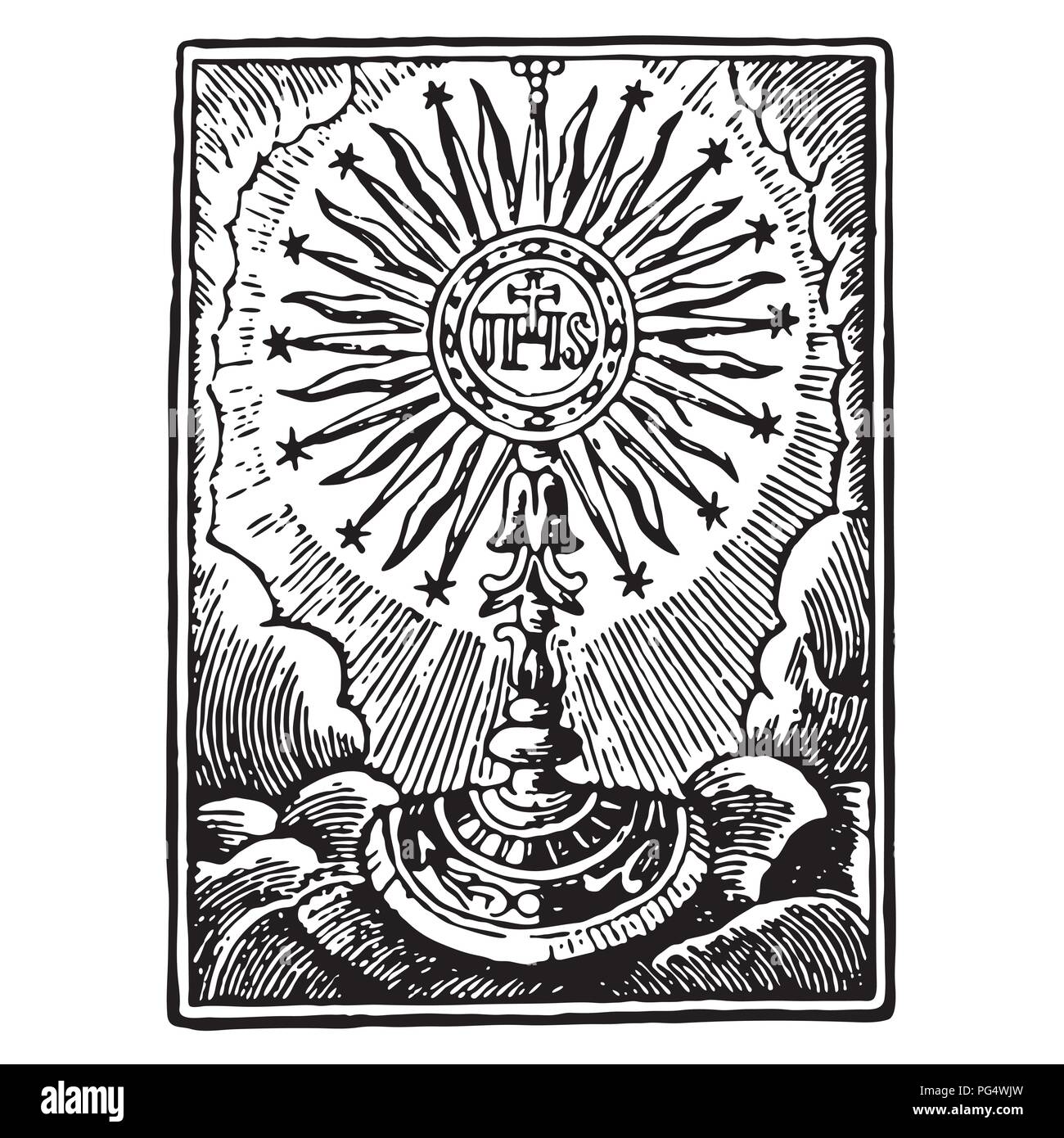 Illustrazione di una comunione raffiguranti tradizionali simboli cristiani Illustrazione Vettoriale