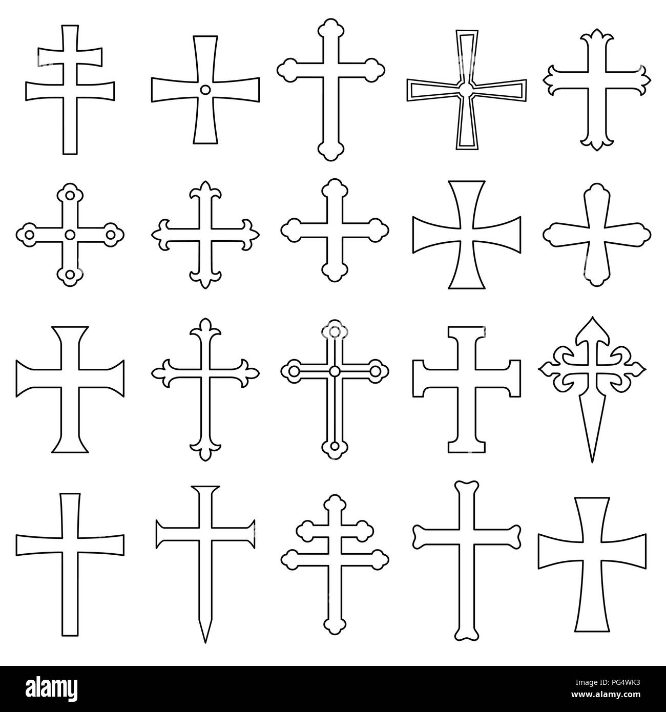 Croci cristiane set di icone di contorno. Forme differenti. Isolato su uno sfondo bianco. Illustrazione Vettoriale. Illustrazione Vettoriale