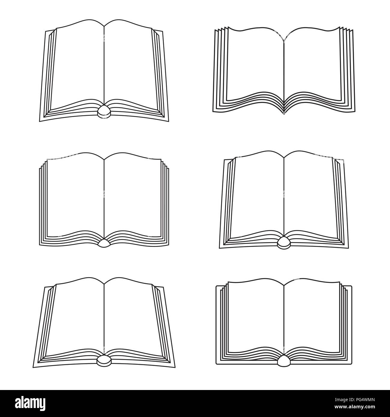 Set di aprire le icone libro isolato su bianco e nero gli sfondi. Può essere utilizzato per la libreria o il negozio, libreria, educativo o il concetto di apprendimento etc. Illustrazione Vettoriale