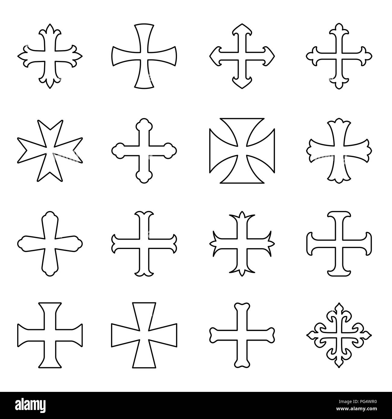 Croci cristiane set di icone di contorno. Forme differenti. Isolato su uno sfondo bianco. Illustrazione Vettoriale. Illustrazione Vettoriale