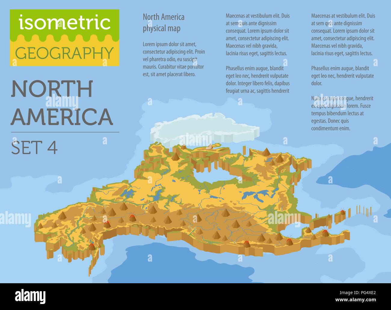 Isometrica, 3d America del Nord fisica degli elementi della mappa. Costruire la propria geografia info collezione grafica. Illustrazione Vettoriale Illustrazione Vettoriale