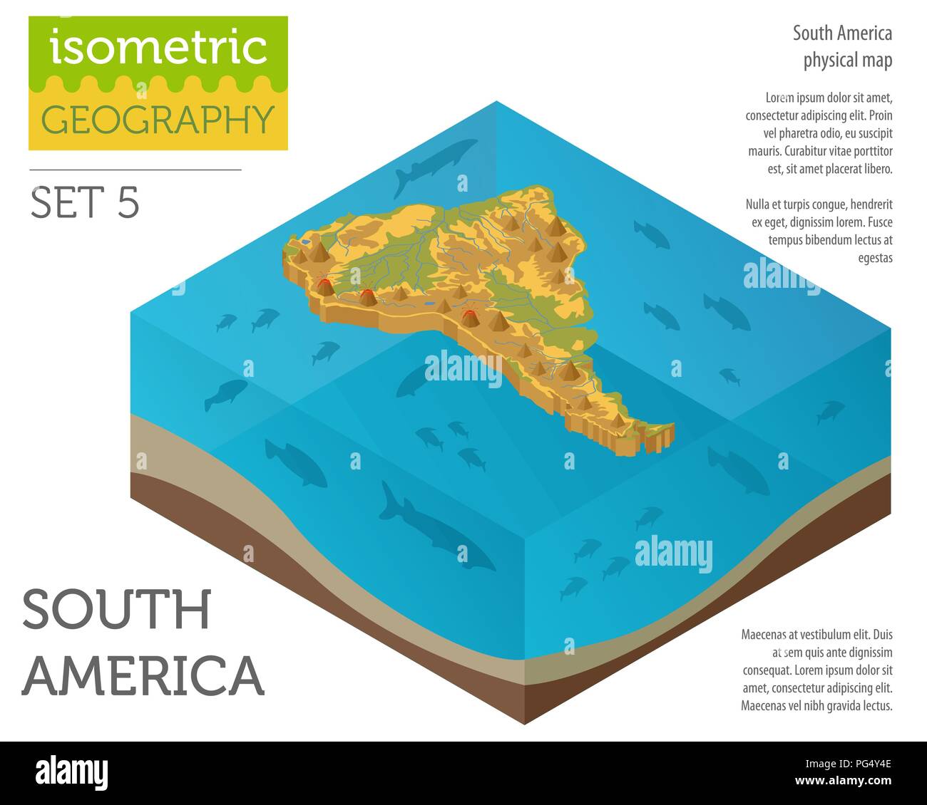 Isometrica, 3d America del Sud fisica degli elementi della mappa. Costruire la propria geografia info collezione grafica. Illustrazione Vettoriale Illustrazione Vettoriale