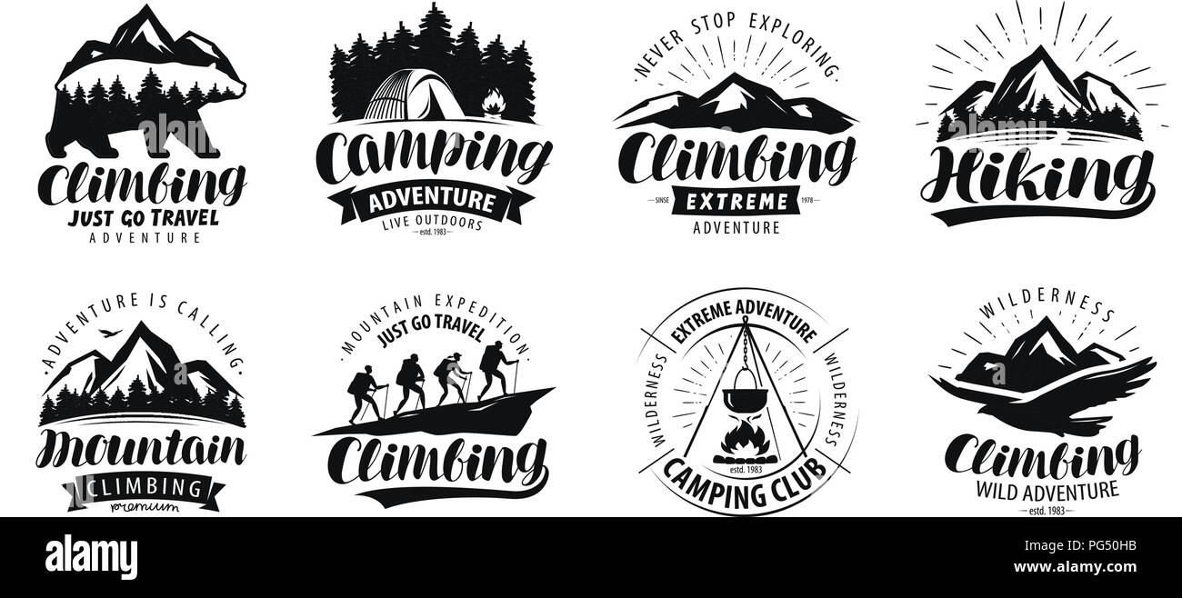 Camping, arrampicata logo o etichetta. Escursione escursione, set di icone. Vettore di caratteri Illustrazione Vettoriale