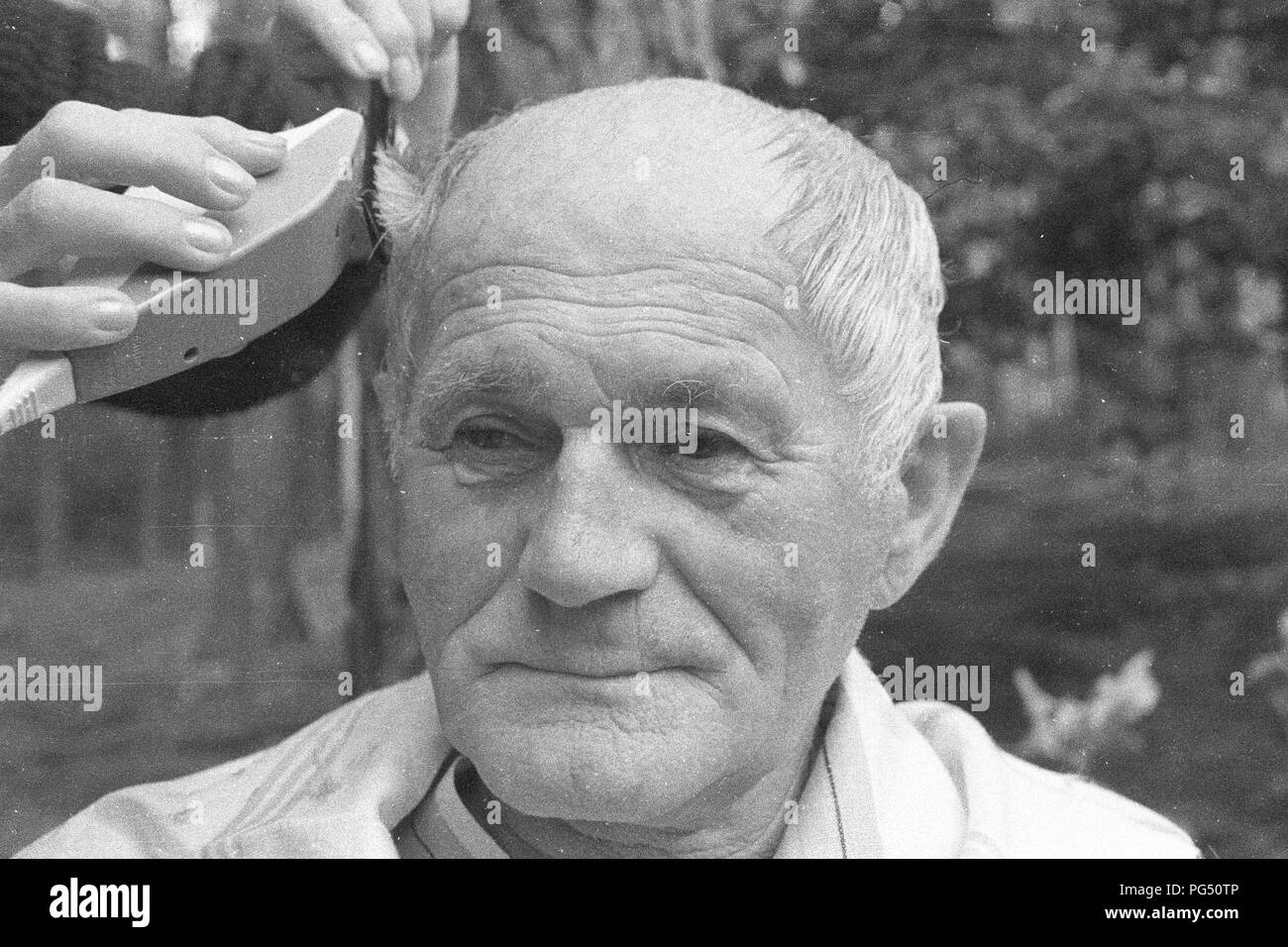 Il scrittore ceco Bohumil Hrabal ottiene il suo taglio di capelli nel giardino della sua casa estiva di Kersko vicino a Praga. Foto Stock