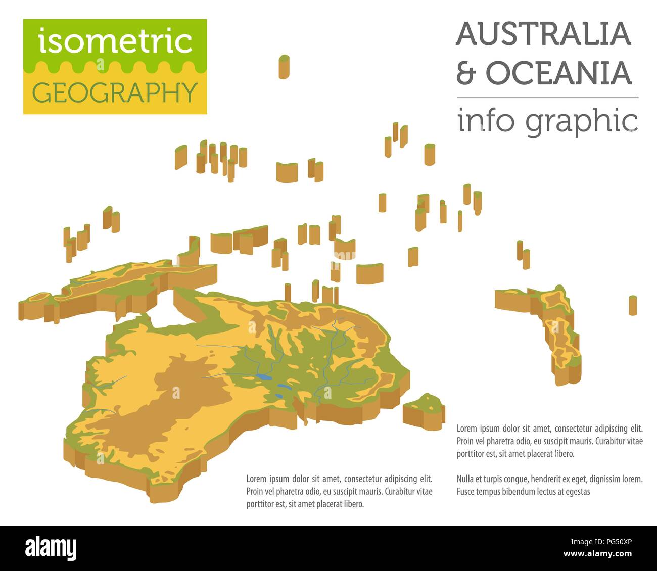 Isometrica, 3d Australia e Oceania fisica degli elementi della mappa. Costruire la propria geografia info collezione grafica. Illustrazione Vettoriale Illustrazione Vettoriale