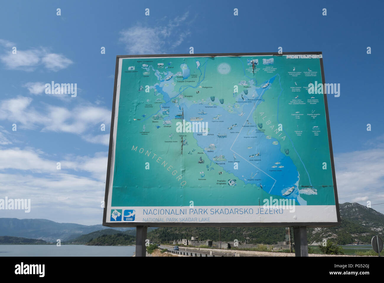 Il Lago di Scutari Parco Nazionale di segno mappa, Montenegro Foto Stock