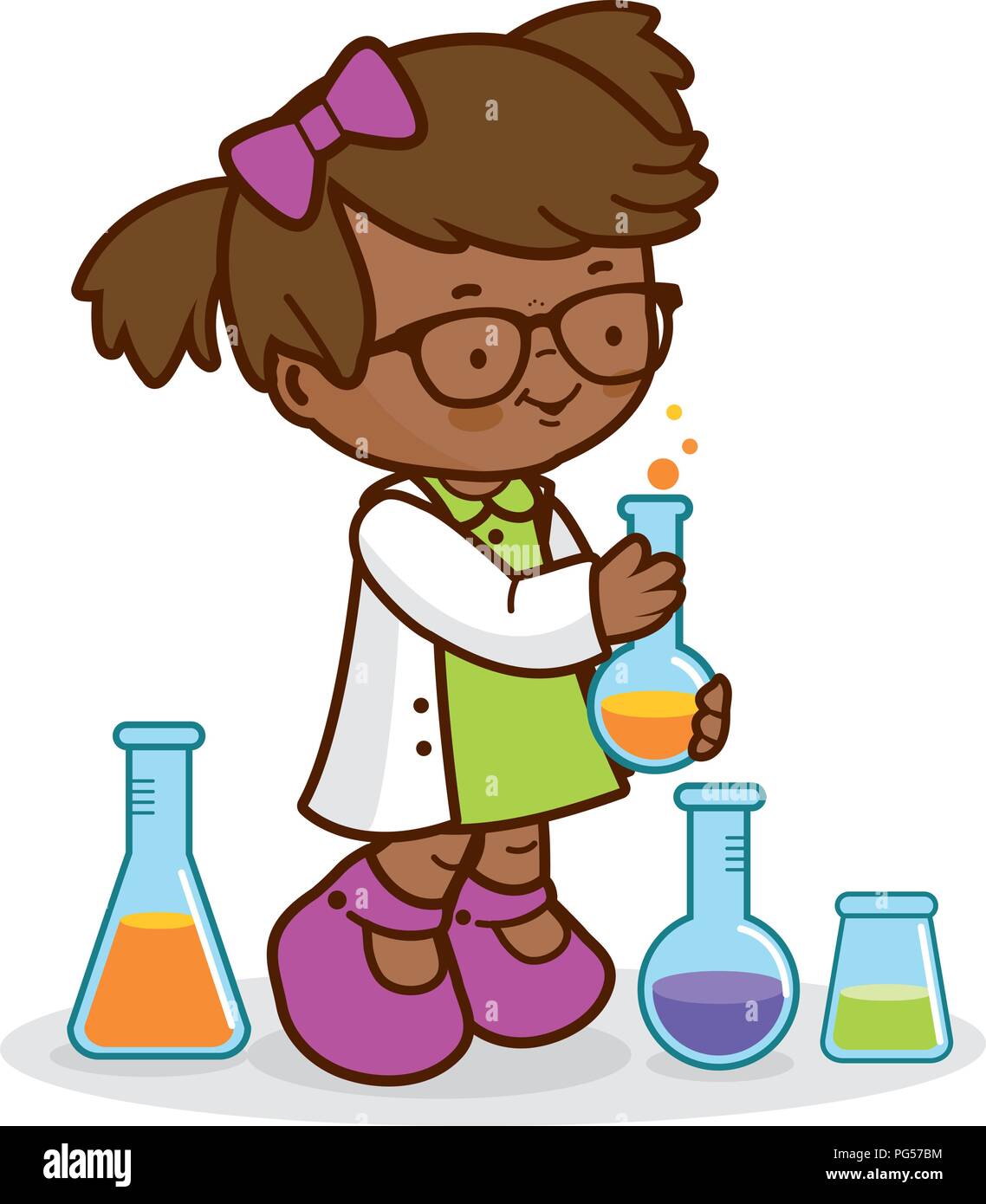 Studentessa che usa provette per test di chimica e fa esperimenti scientifici a scuola. Bambino scienziato a scuola in classe di chimica. Illustrazione vettoriale Illustrazione Vettoriale