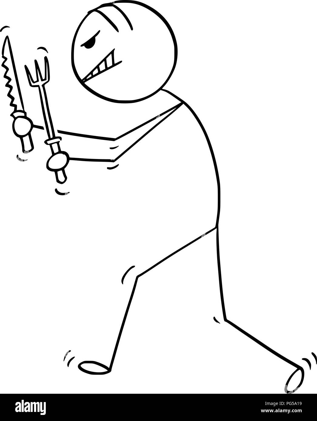 Cartoon di folle o pazzo affamato uomo a camminare con la forchetta e coltello Illustrazione Vettoriale