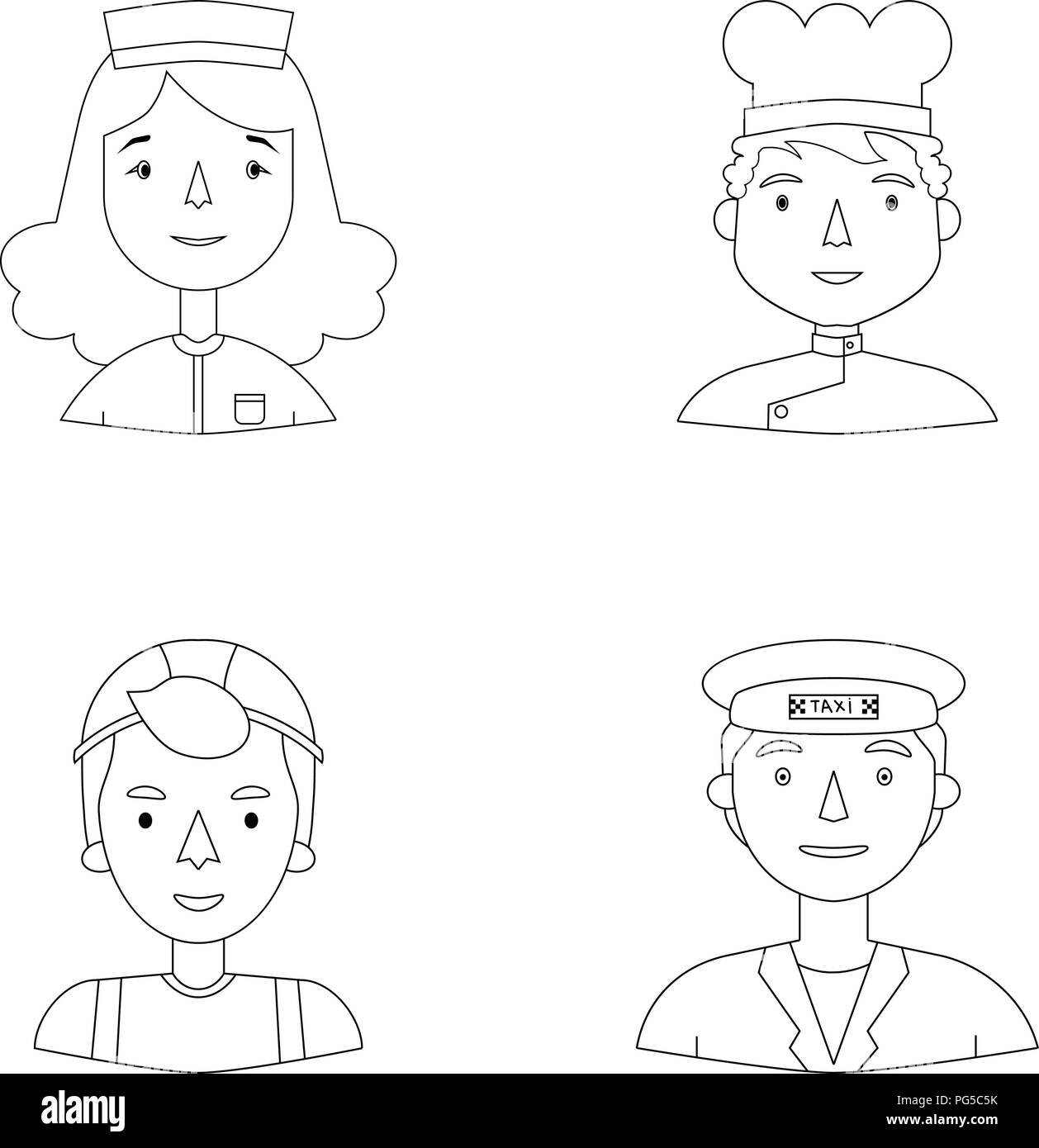 Un infermiere in una vestaglia, un cuoco in una cappa, un builder in un casco, un taxi driver in un cappuccio. Persone di diverse professioni set di icone di raccolta in o Illustrazione Vettoriale