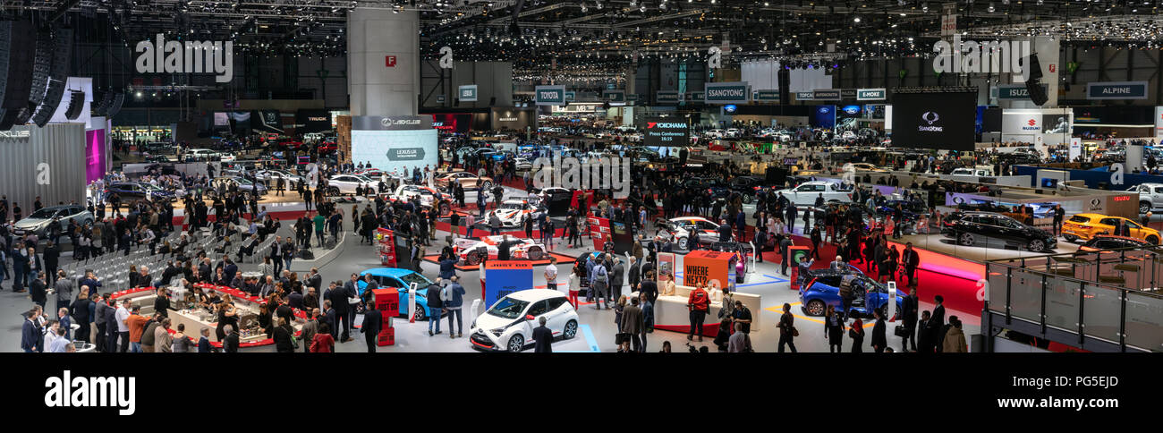 Ginevra, Svizzera - Mar 6, 2018: cucito vista panoramica del 88th Geneva International Motor Show. Foto Stock