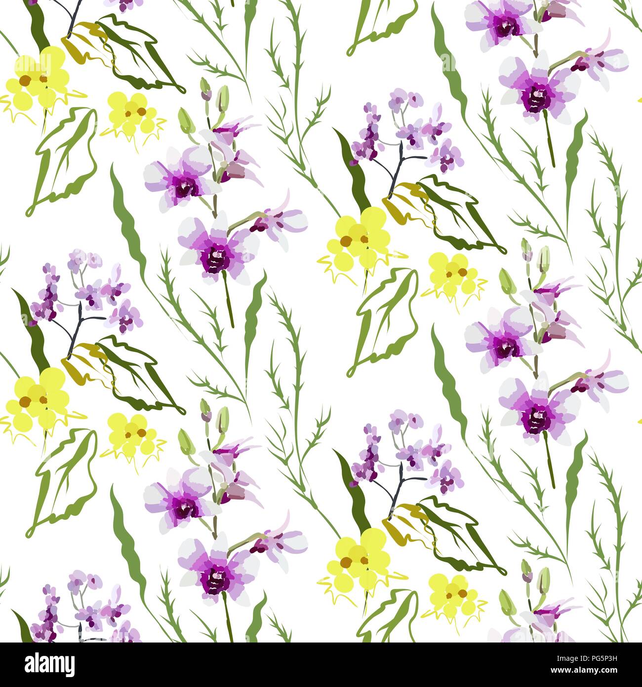 Floral seamless pattern con diversi fiori e foglie. Illustrazione botanica dipinta a mano. La stampa tessile, tessuto swatch, la carta di avvolgimento. Illustrazione Vettoriale