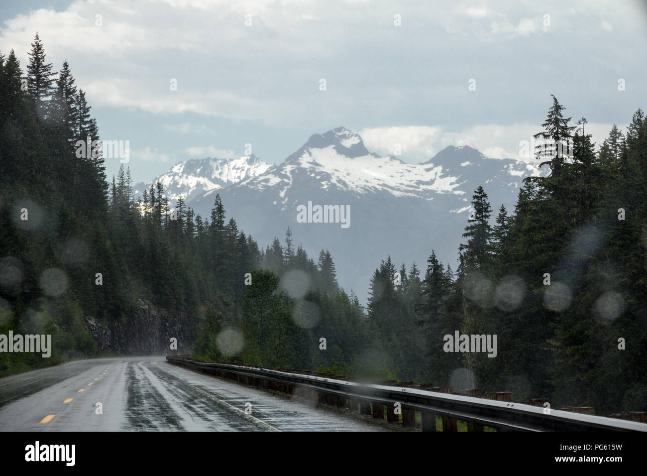 La pioggia è frequente in stato di Washington North Cascades. Mentre sun rallegrata snow aggrappati ai picchi più alti, qui sulla Highway 20 piove Foto Stock