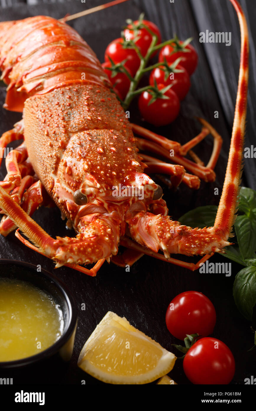 Bollito di aragosta con pomodoro, limone e il burro fuso macro su sfondo nero verticale. Foto Stock