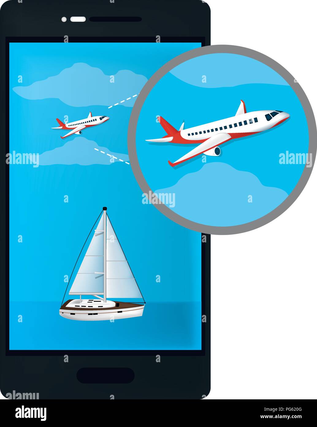 La tecnologia dello smartphone con l'aereo e il trasporto di barche a vela Illustrazione Vettoriale