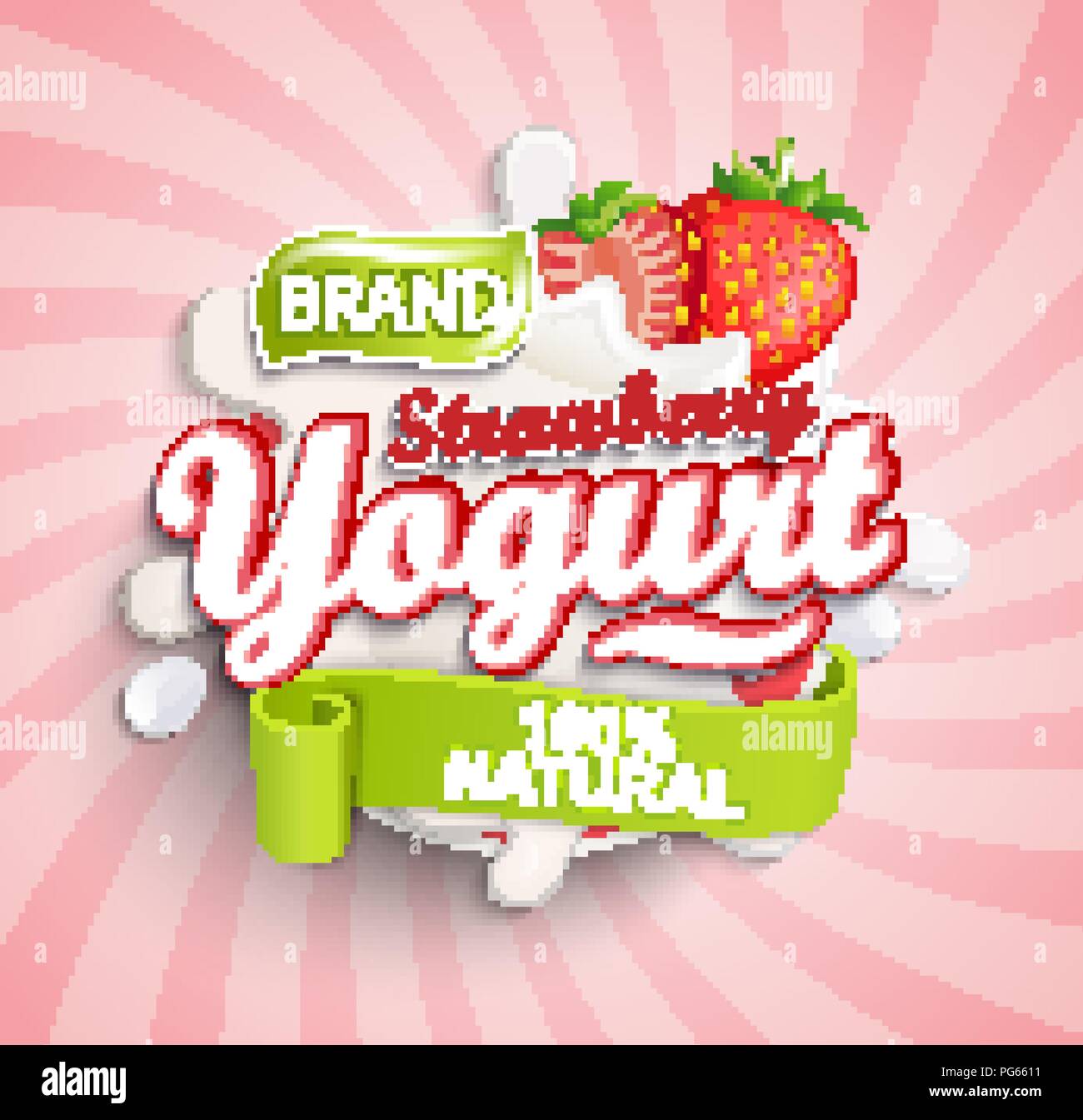 Naturali e freschi di yogurt alla fragola etichetta schizzi sul sunburst sfondo per il vostro marchio, logo, template, etichetta, emblema per negozi di generi alimentari, agricoltura memorizza, confezionamento e pubblicità. Illustrazione Vettoriale. Illustrazione Vettoriale