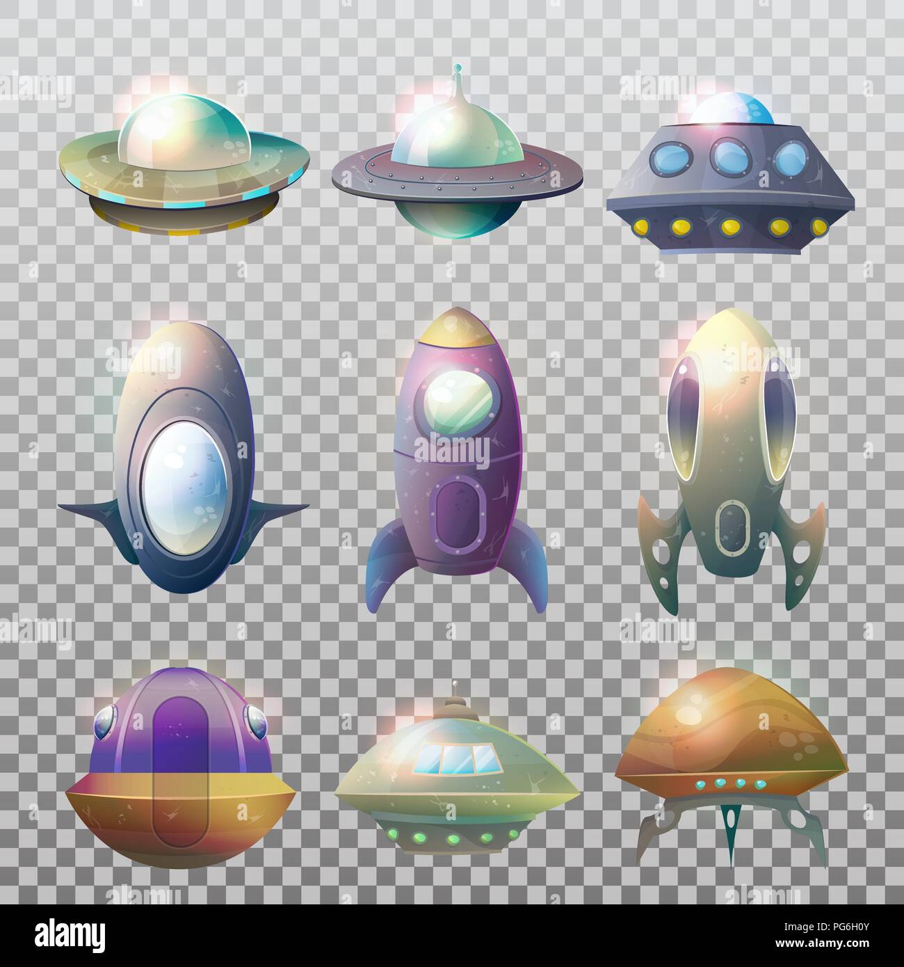 Set di isolato astronavi aliene e rucola. Ufo battenti tecnologia per viaggiare attraverso universo, cartoon volo disco non identificato o aeromobili, astronauta nave. Cosmo e astronomia, tema galaxy Illustrazione Vettoriale