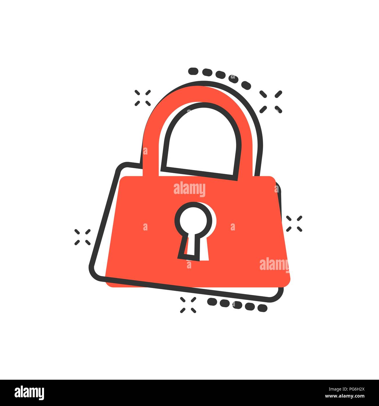 Vector cartoon icona a forma di lucchetto in stile fumetto. Bloccare e sbloccare il concetto di sicurezza illustrazione pittogramma. Lucchetto business effetto splash concept. Illustrazione Vettoriale