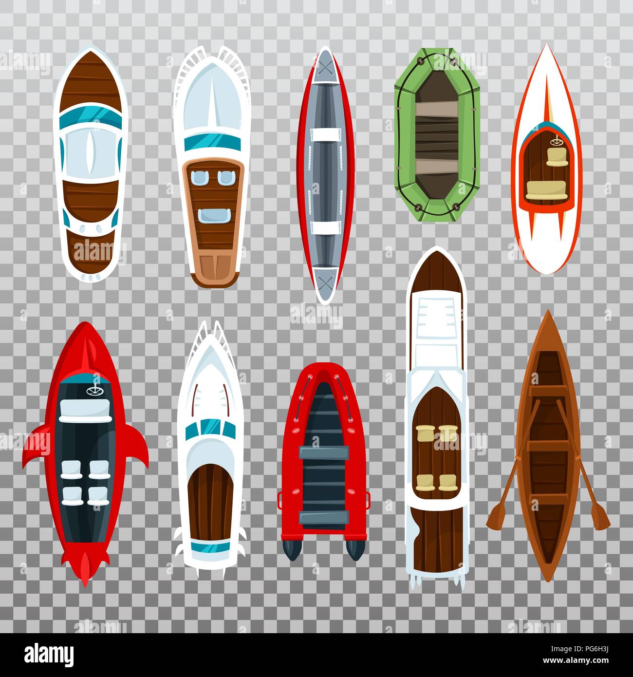 Vista dall'alto su barche di pescatori sull'acqua. Fiume o mare, lago o stagno con azionamento a motore o a vela in legno. Kayak con pala e wherry con remo, sport nave. Fisherman e pesca sportiva, vela tema Illustrazione Vettoriale